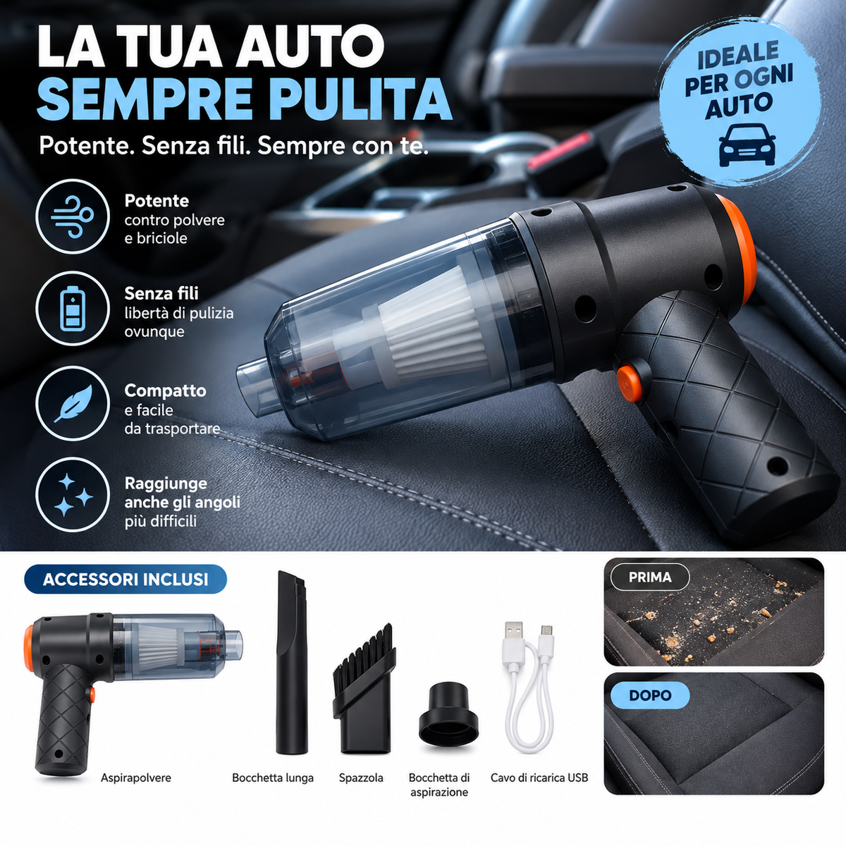 AutoClean™ – Aspirapolvere Portatile Senza Fili per Auto
